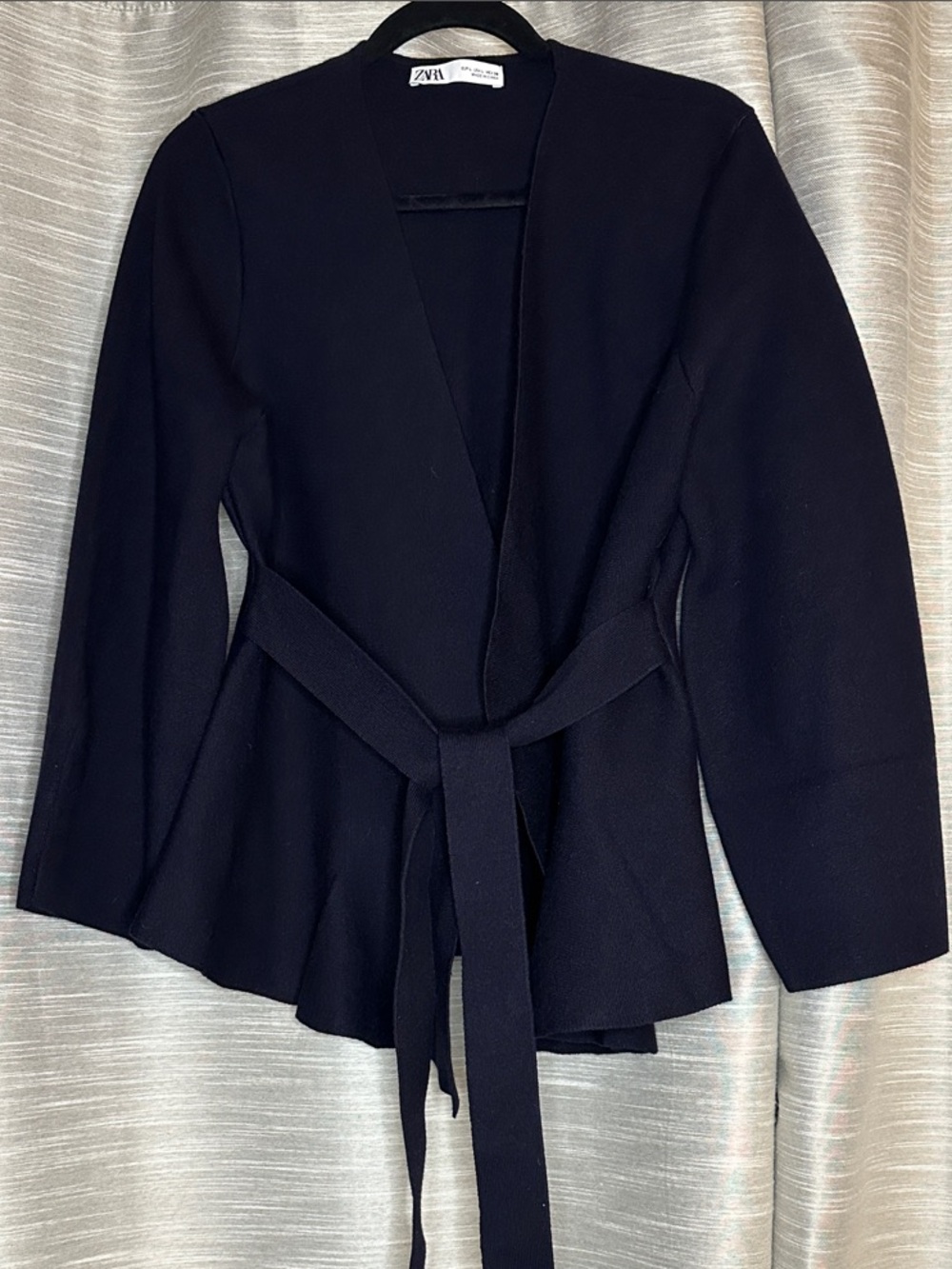 Zara Navy Belted Open-Front Structured Cardigan